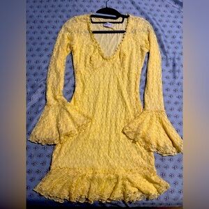 Oh Polly Yellow Ruffled Bodycon Dress with Bell Sleeves